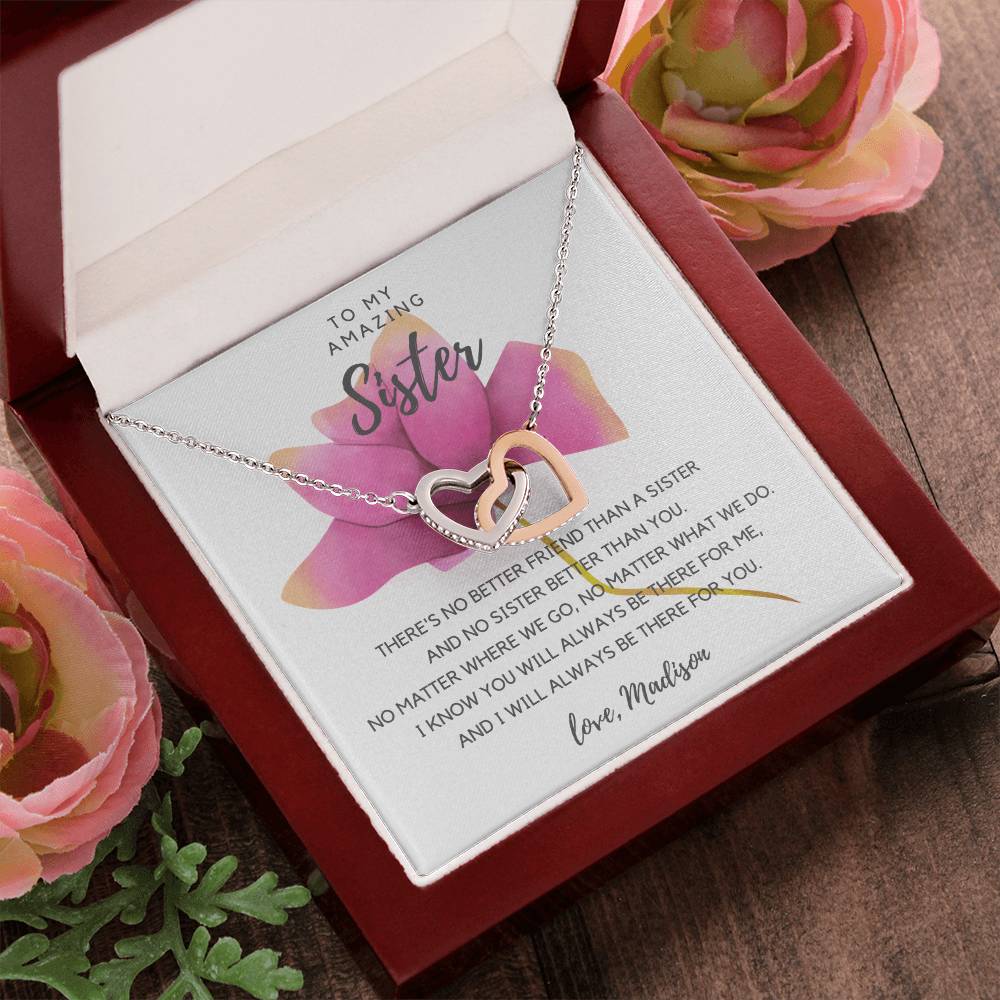 To My Amazing Sister - Pink Rose Interlocking Hearts Necklace