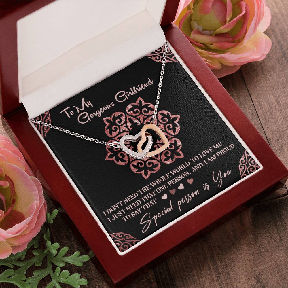To My Gorgeous Girlfriend Luxury Necklace With Box And Message Card. Interlocking Hearts Necklace