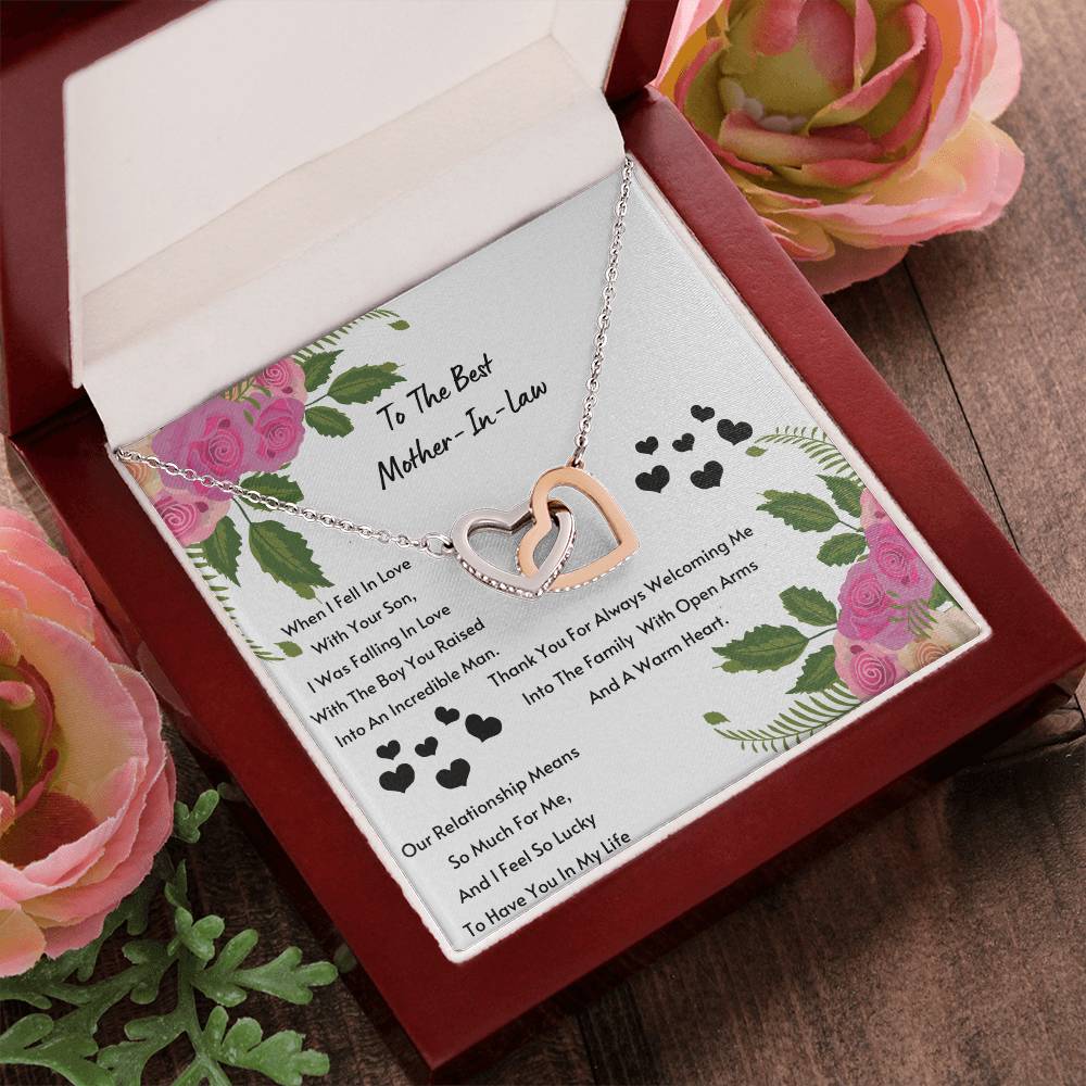 Mother In Law- I Feel So Lucky To Have You. Interlocking Hearts Necklace