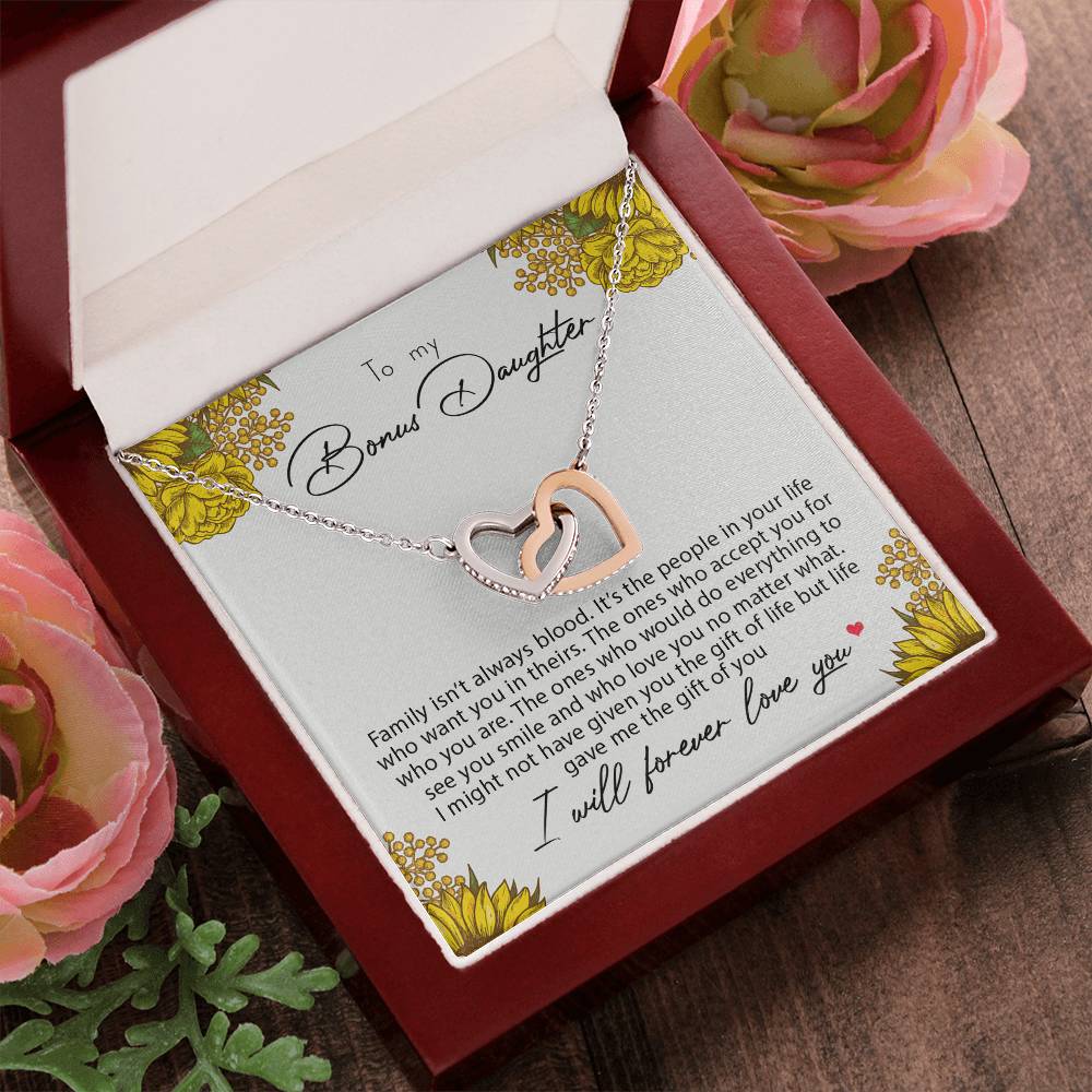 To My Bonus Daughter Family Isn'T Always Blood Interlocking Hearts Necklace