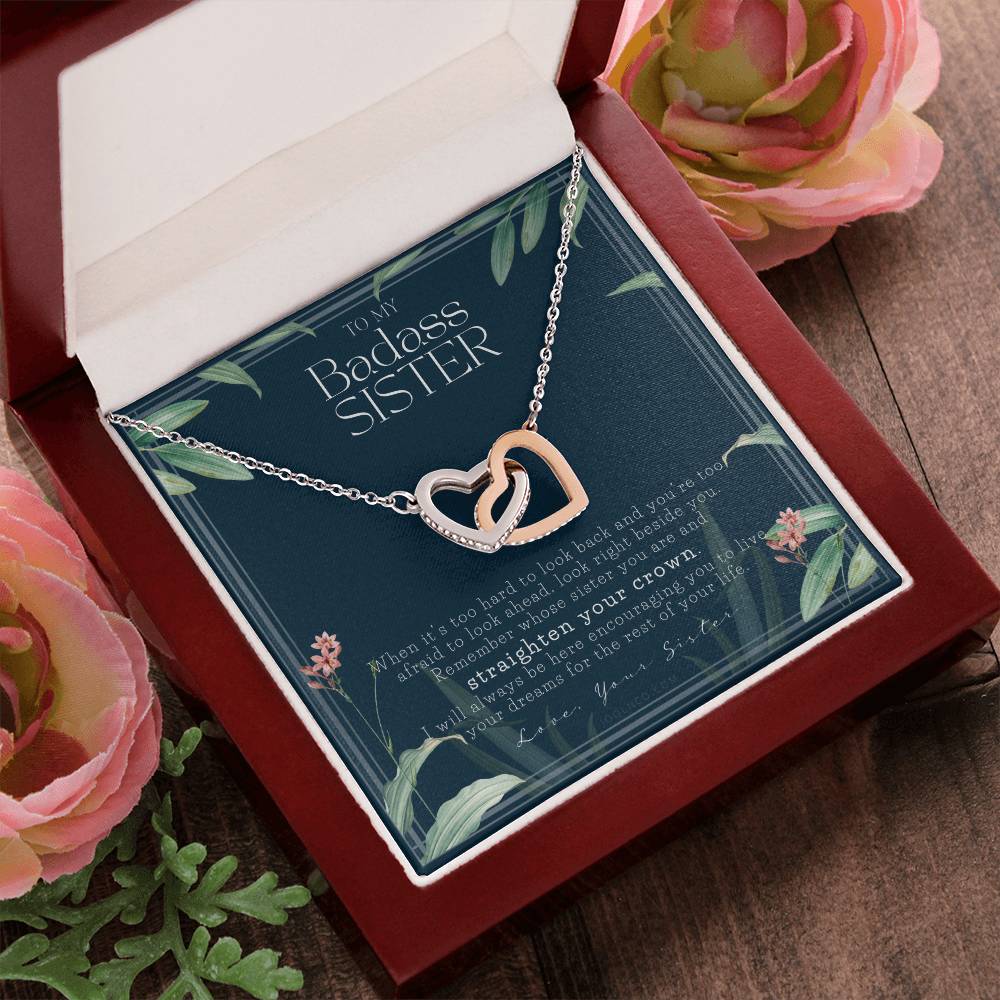 To My Badass Sister Necklace Remember Whose Sister You Are Straighten Your Crown Sister Gift Sister Necklace Touching Gift For Sister Interlocking Hearts Necklace