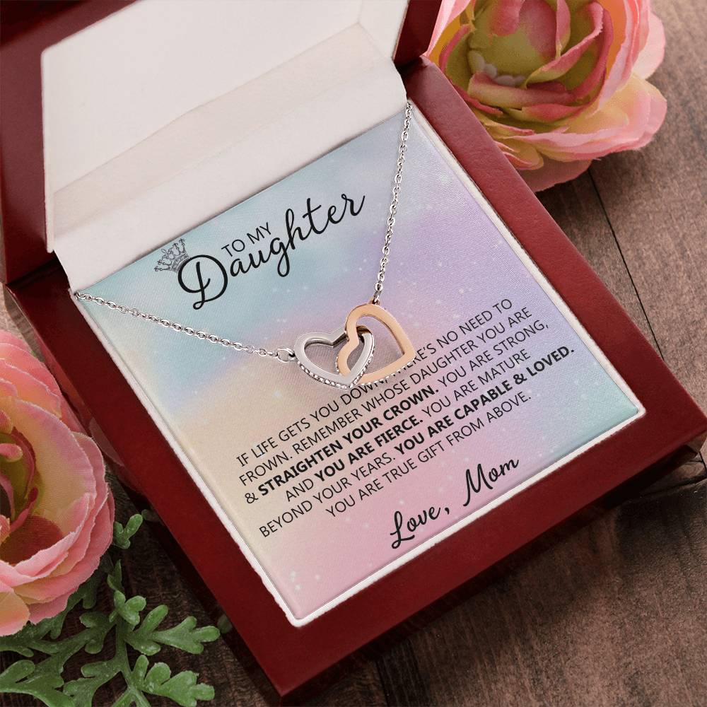 To My Daughter - Straighten Your Crown - Unique Heart Binding Necklace Gift Set Interlocking Hearts Necklace