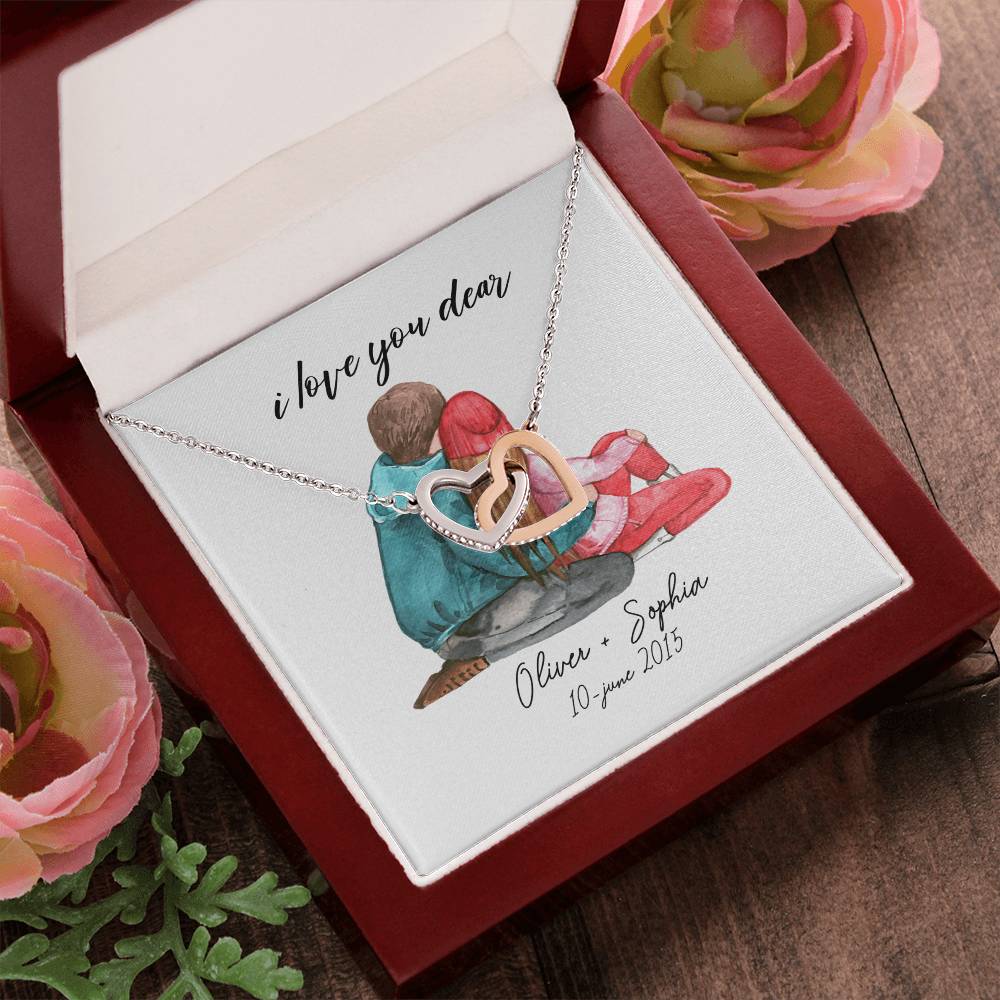 I Love You Baby Date Interlocking Hearts Necklace
