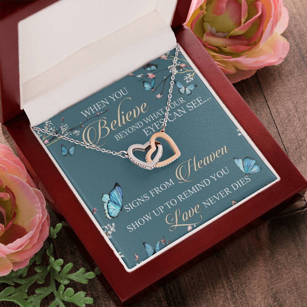 When You Believe Beyond What Your Eyes Interlocking Hearts Necklace Message Card