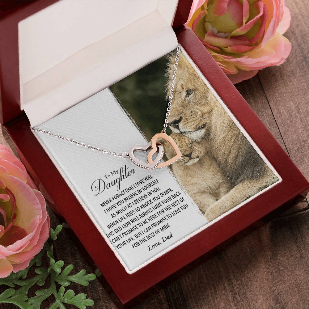 To My Daughter - This Old Lion Will Always Have Your Back Interlocking Hearts Necklace