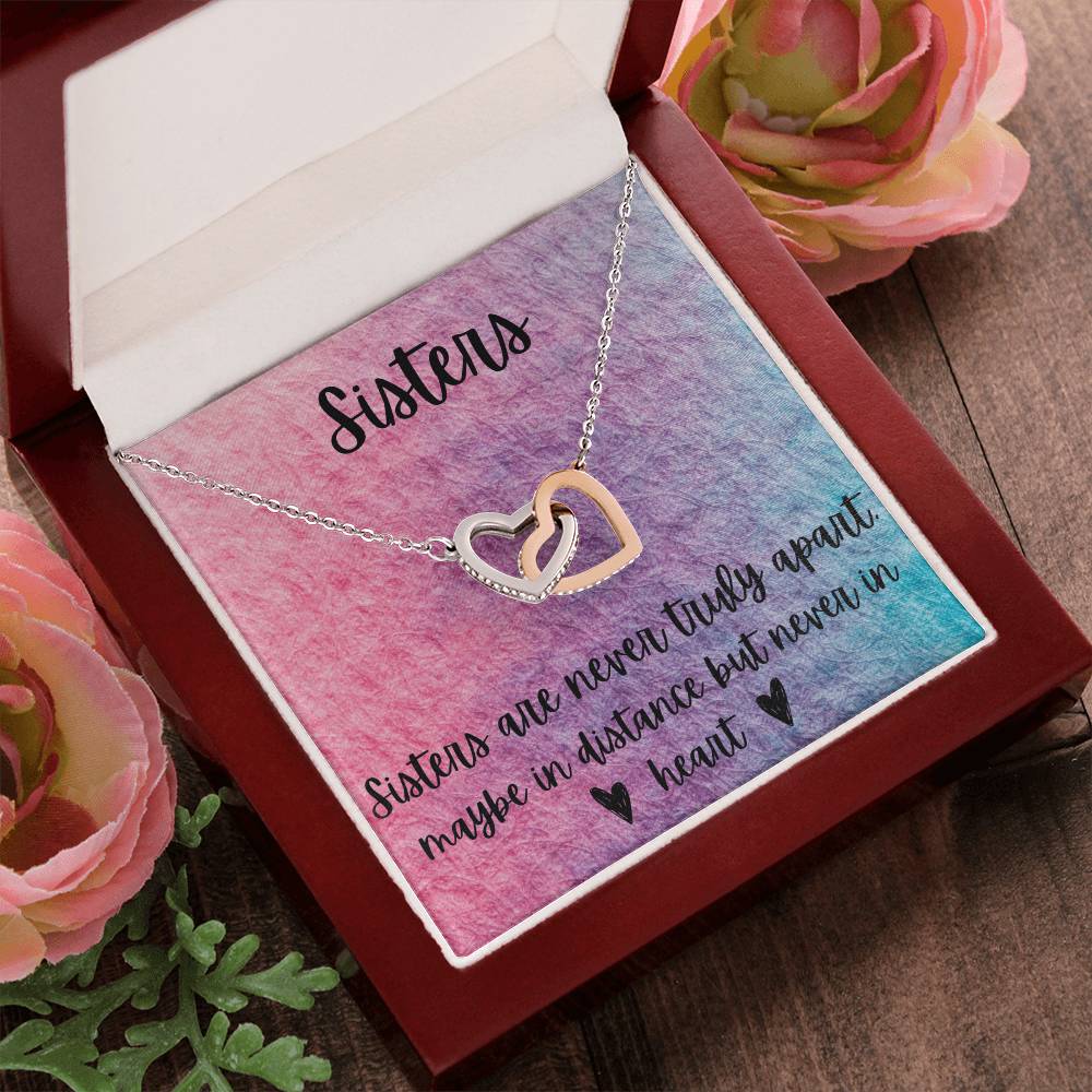 Sisters - Interlocking Necklace - Rainbow Background Interlocking Hearts Necklace
