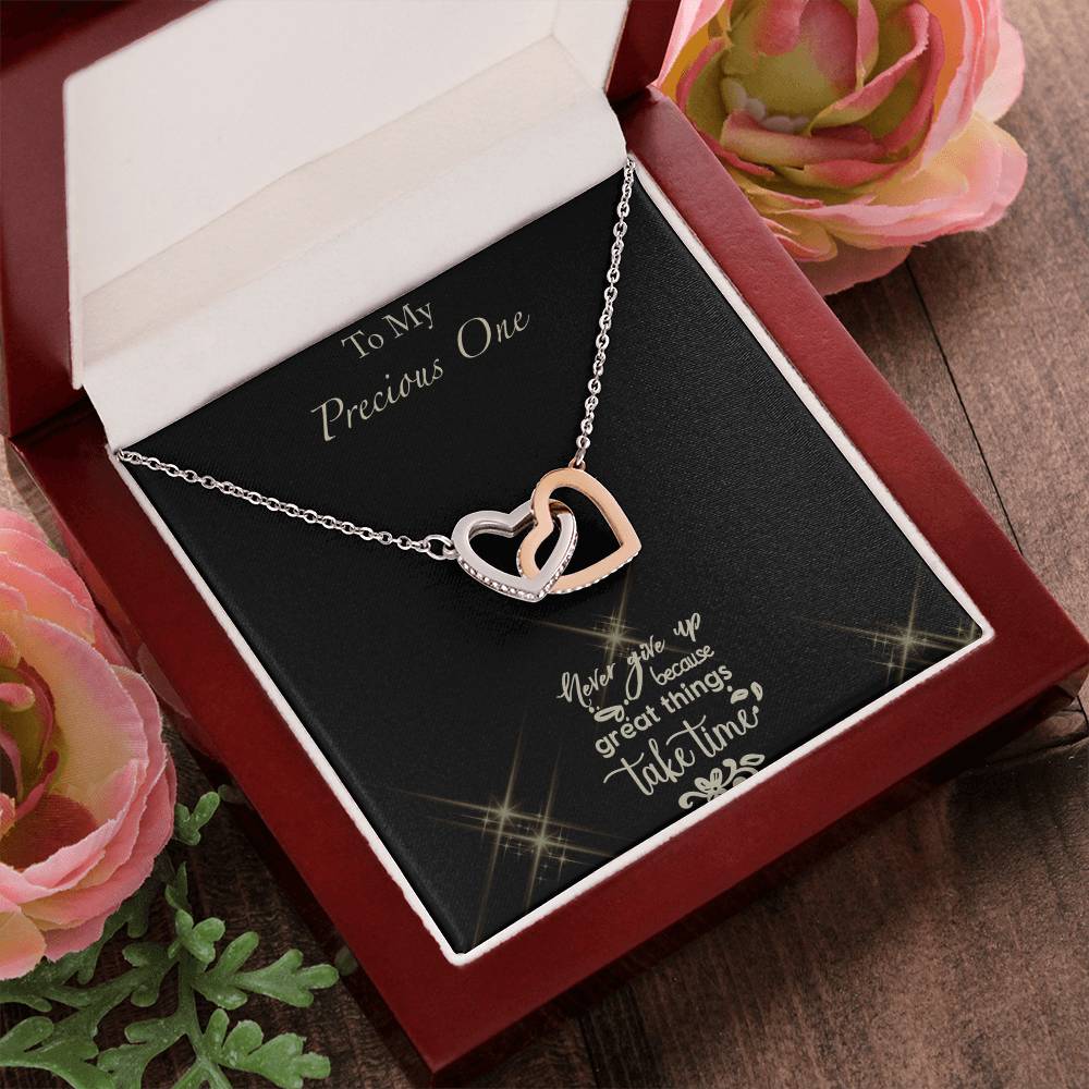Never Give Up - Black Background Interlocking Hearts Necklace