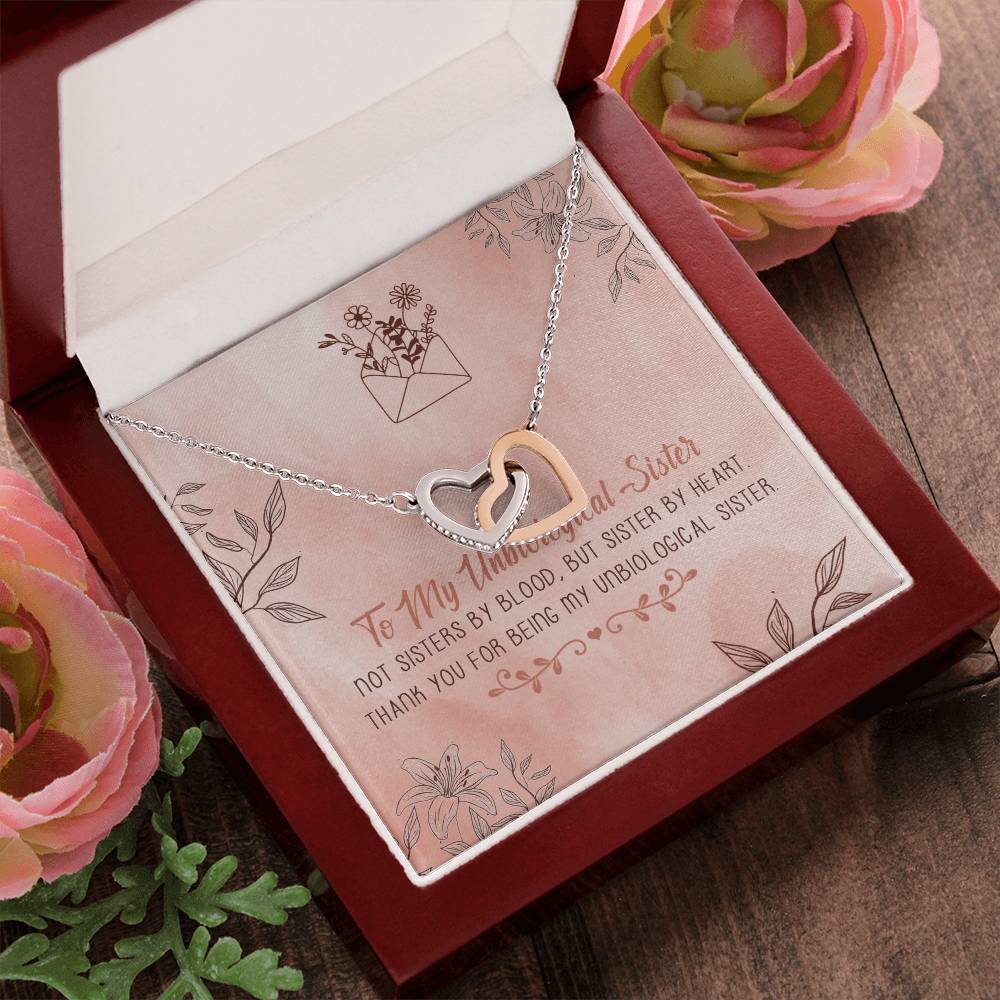 To My Unbiological Sister Interlocking Hearts Necklace Message Card