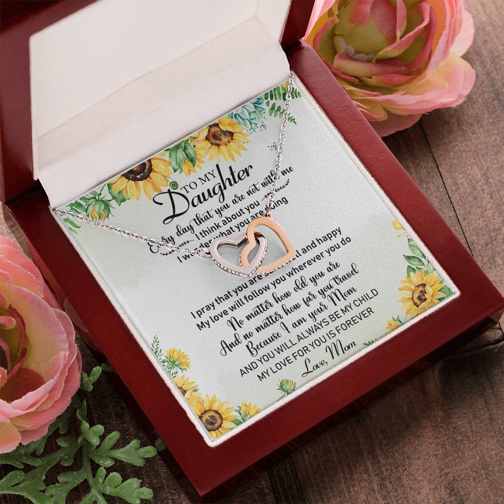 To My Daughter Sunflower Interlocking Hearts Necklace Birthday Message Card