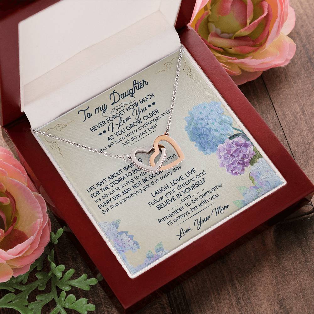 To My Daughter I Love You Interlocking Hearts Necklace Birthday Message Card
