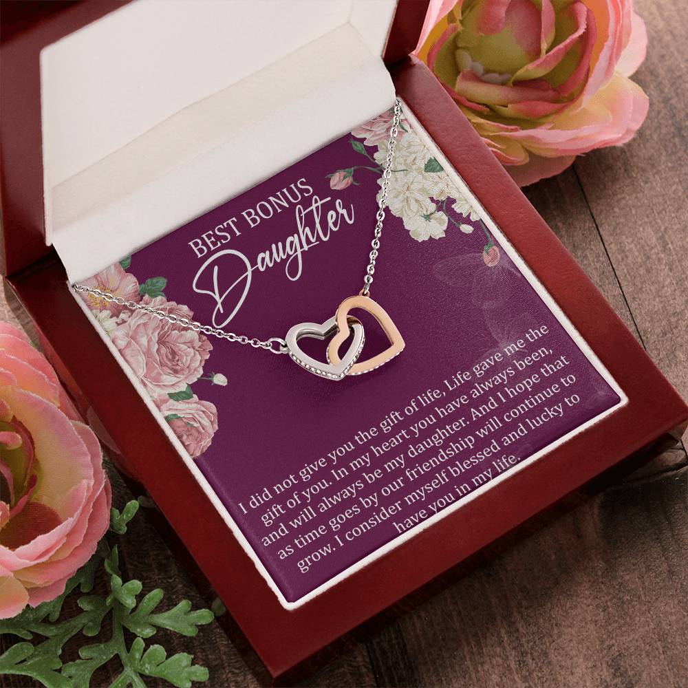 Best Bonus Daughter Interlocking Hearts Necklace Message Card