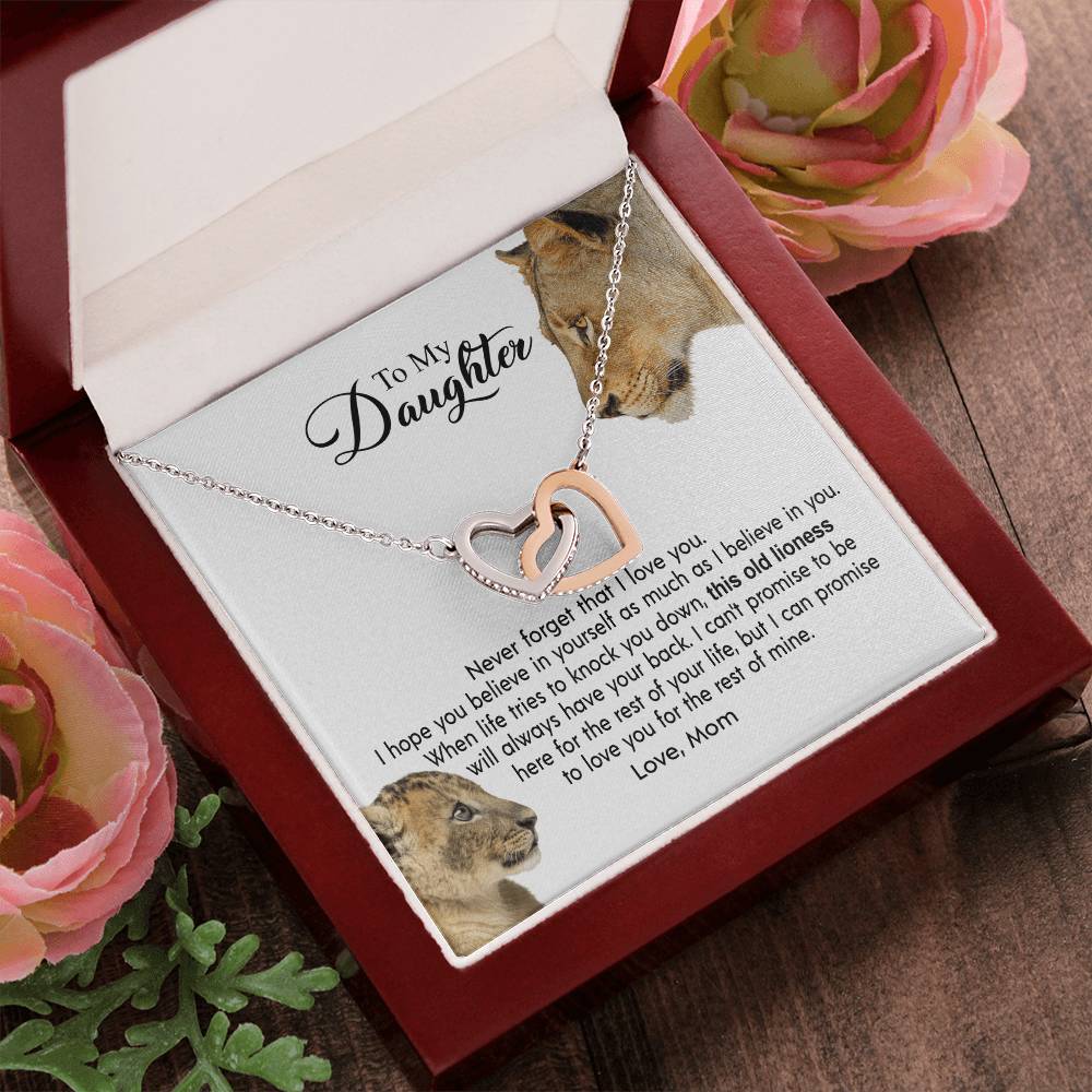 To My Daughter - This Old Lioness Will Always Have Your Back Interlocking Hearts Necklace