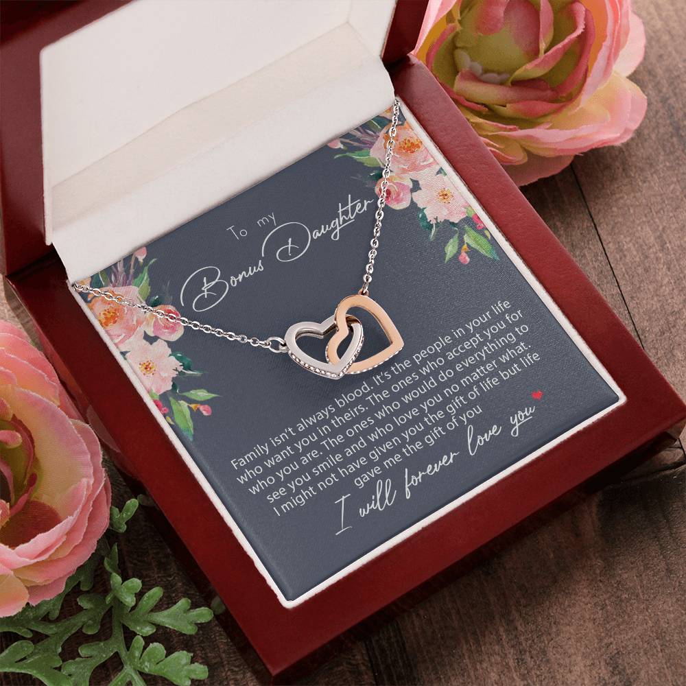 To My Bonus Daughter Family Isn'T Always Blood Interlocking Hearts Necklace