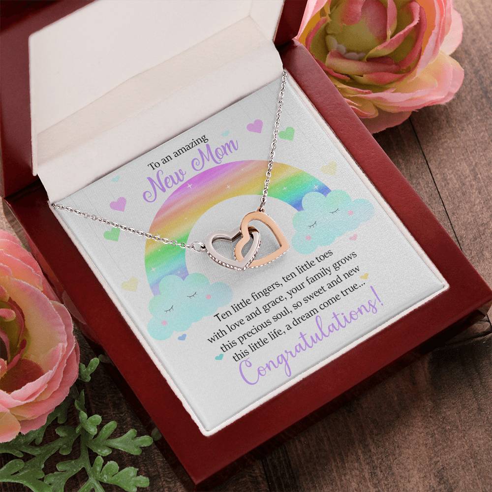 To An Amazing New Mom - Ten Little Fingers Ten Little Toes - Hearts Interlocking Hearts Necklace