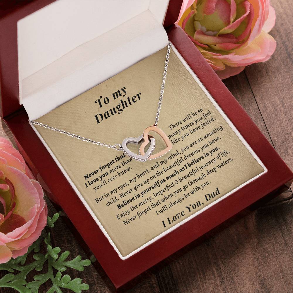 Gift For Daughter From Dad- Never Forget That When You Go Through Deep Watersl Will Always Be With You. Interlocking Hearts Necklace