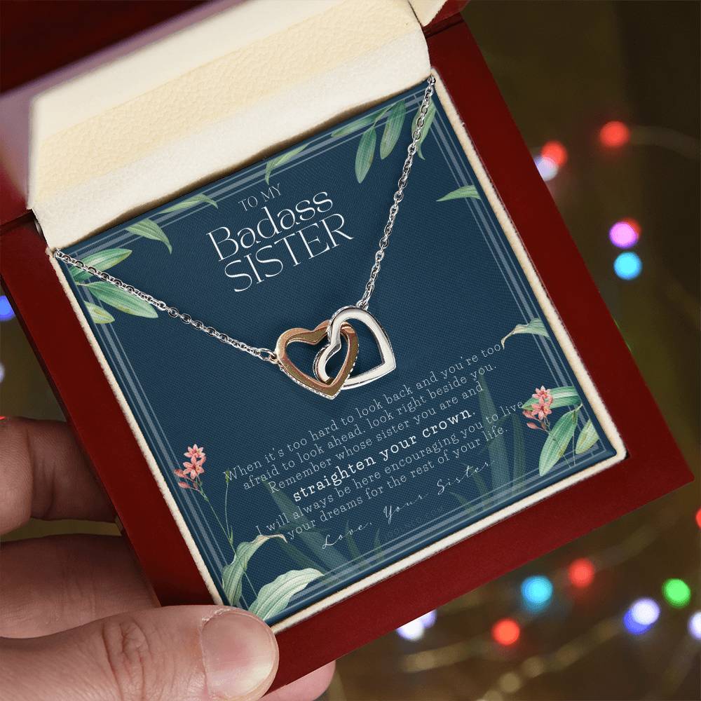 To My Badass Sister Necklace Remember Whose Sister You Are Straighten Your Crown Sister Gift Sister Necklace Touching Gift For Sister Interlocking Hearts Necklace