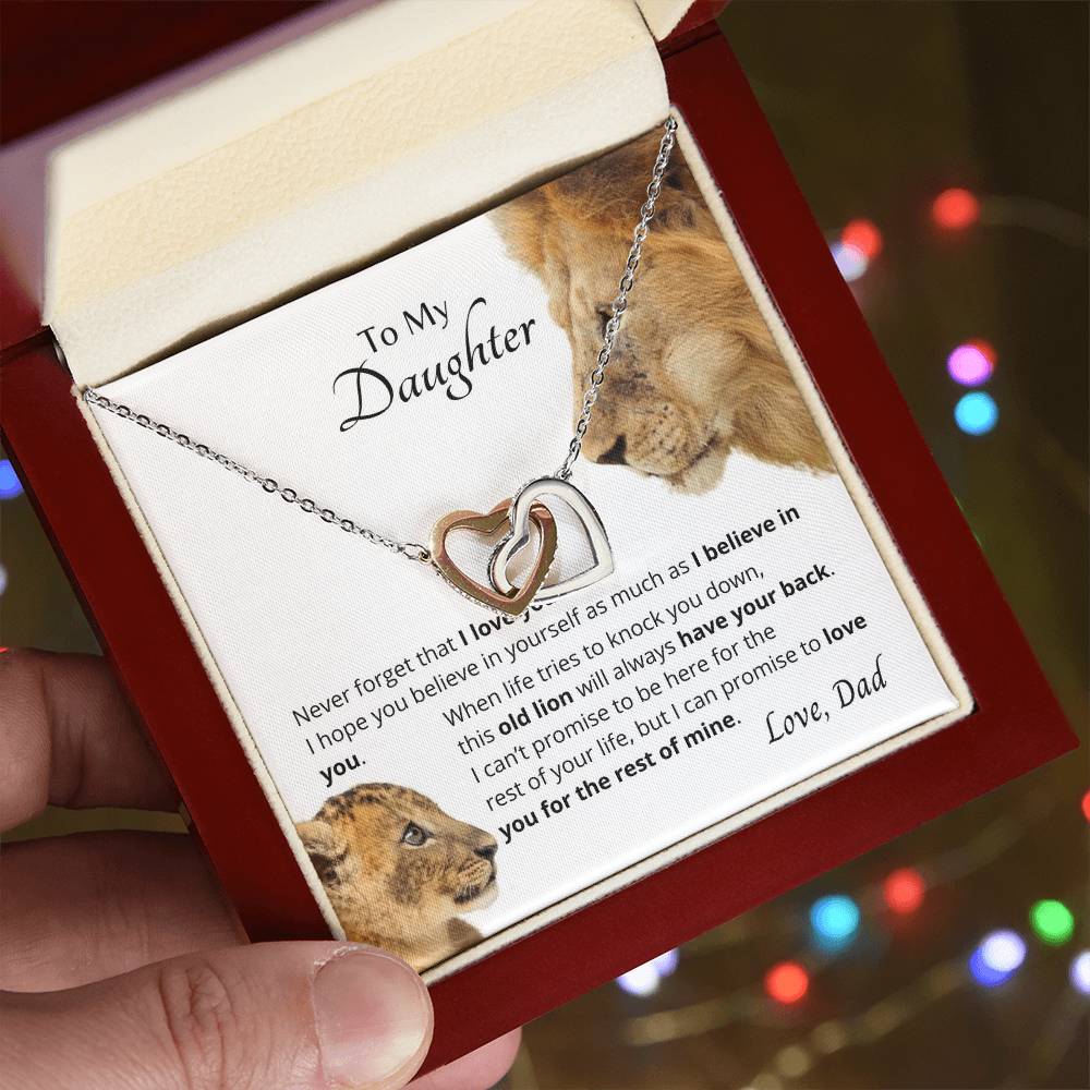 To My Daughter I Believe In You Necklace. Embellished With Cubic Zirconia Stones. Interlocking Hearts Necklace