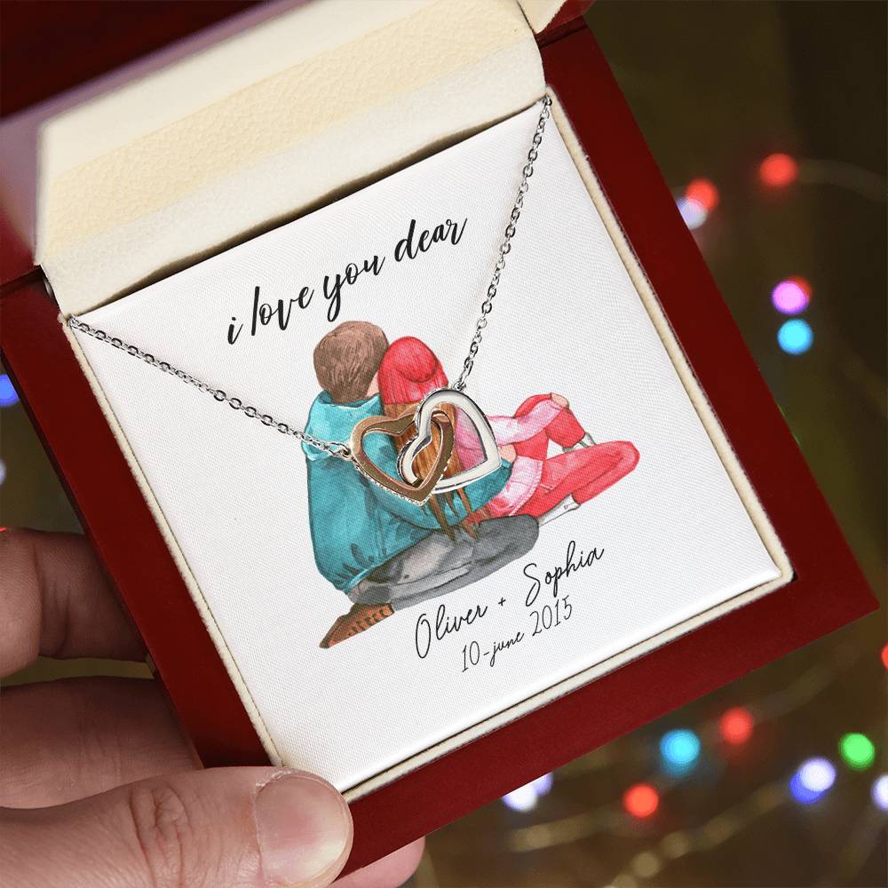 I Love You Baby Date Interlocking Hearts Necklace