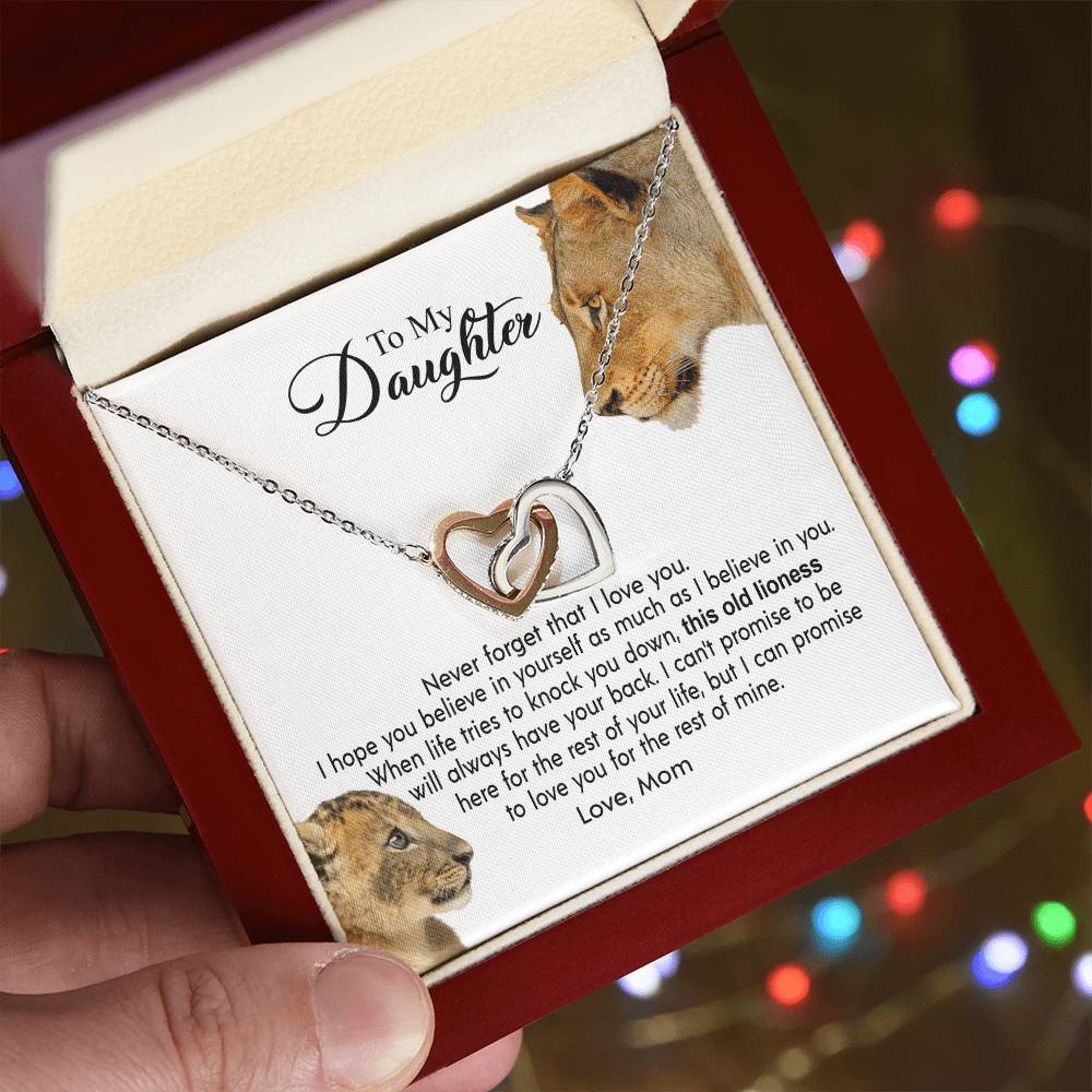 To My Daughter - This Old Lioness Will Always Have Your Back Interlocking Hearts Necklace