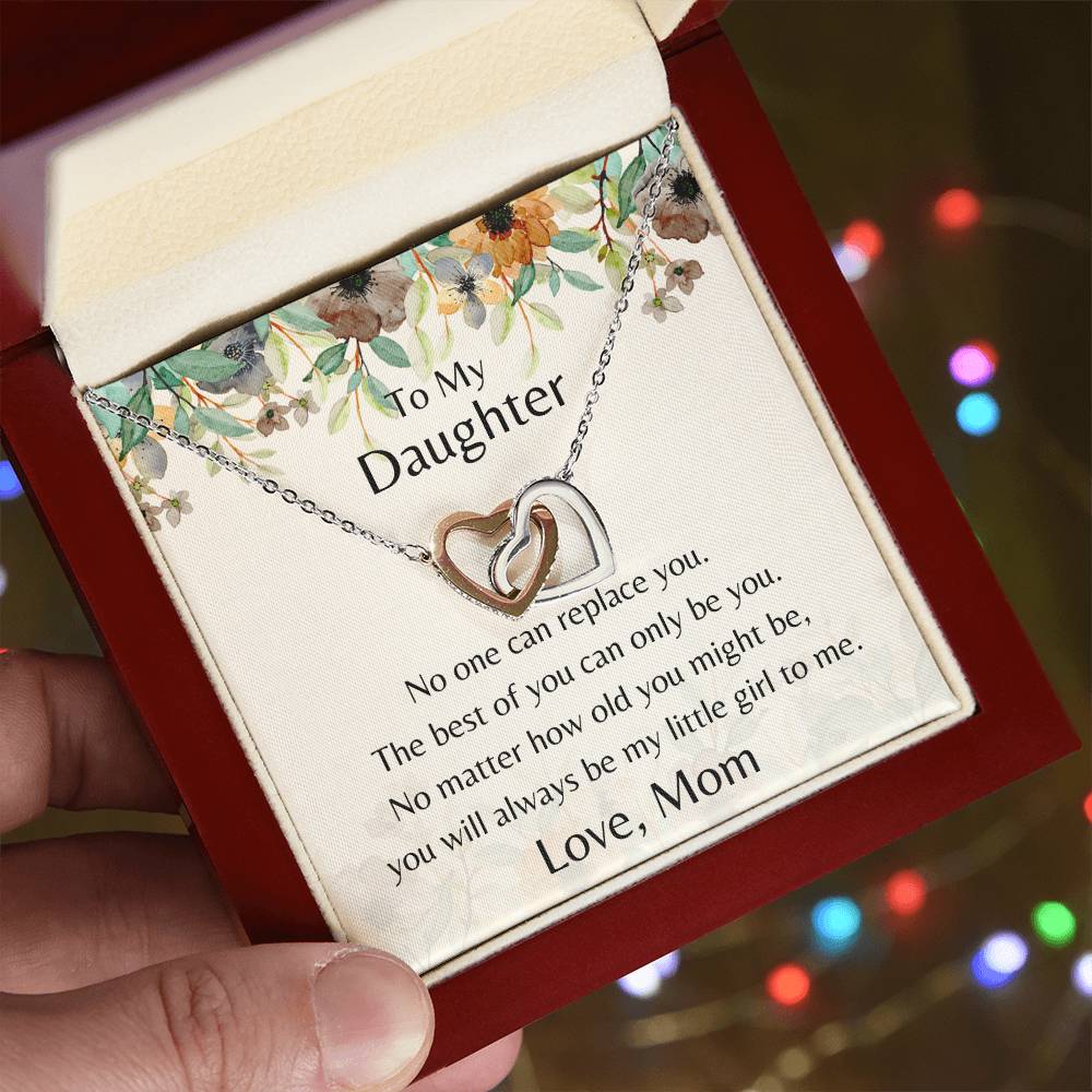 To My Daughter No One Can Replace You Necklace. Embellished With Cubic Zirconia Stones. Interlocking Hearts Necklace
