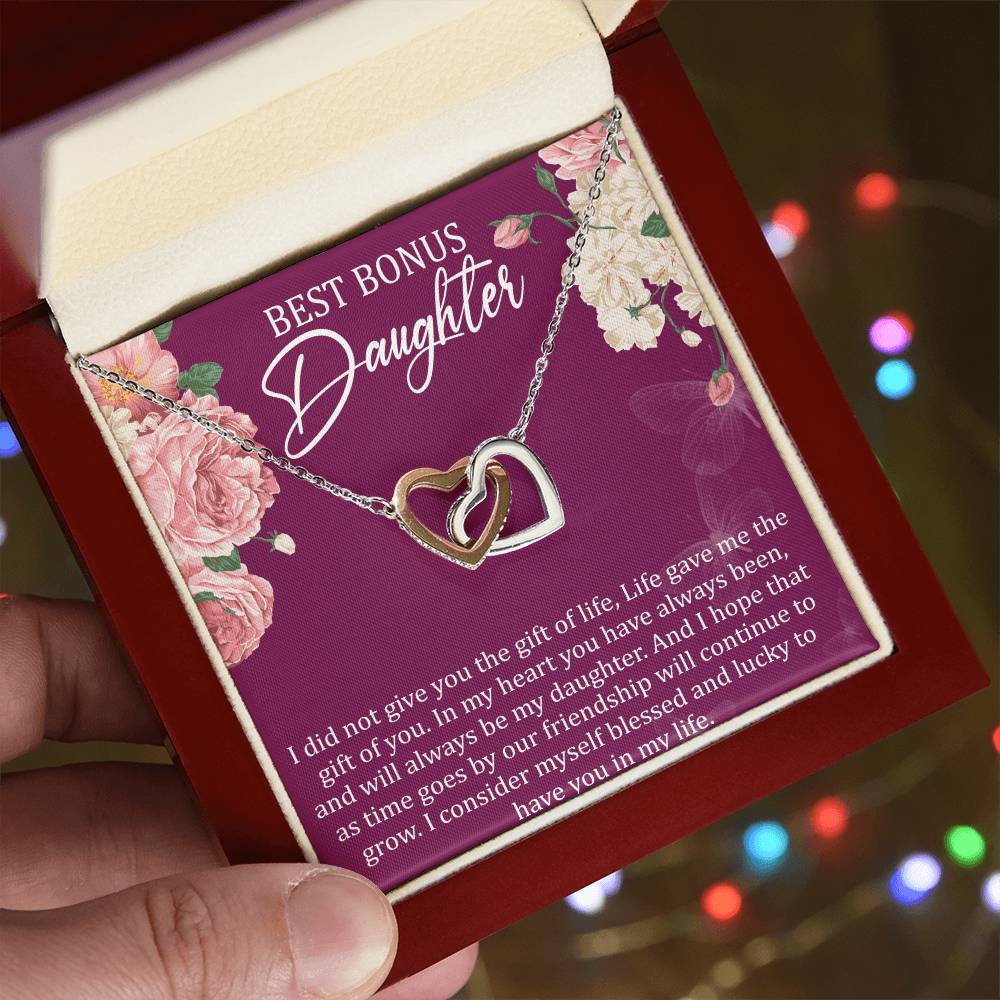 Best Bonus Daughter Interlocking Hearts Necklace Message Card
