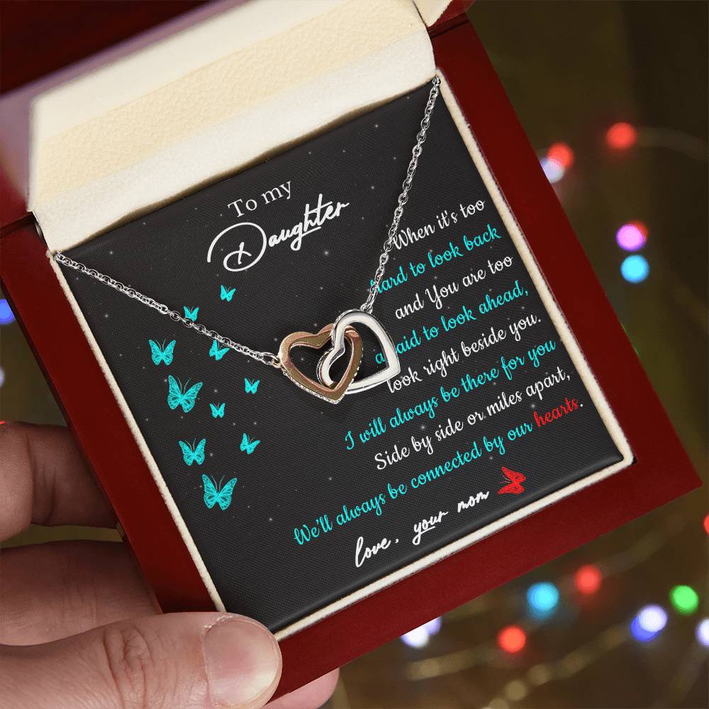 To My Daughter - Side By Side Or Miles Apart - Butterfly Interlocking Hearts Necklace