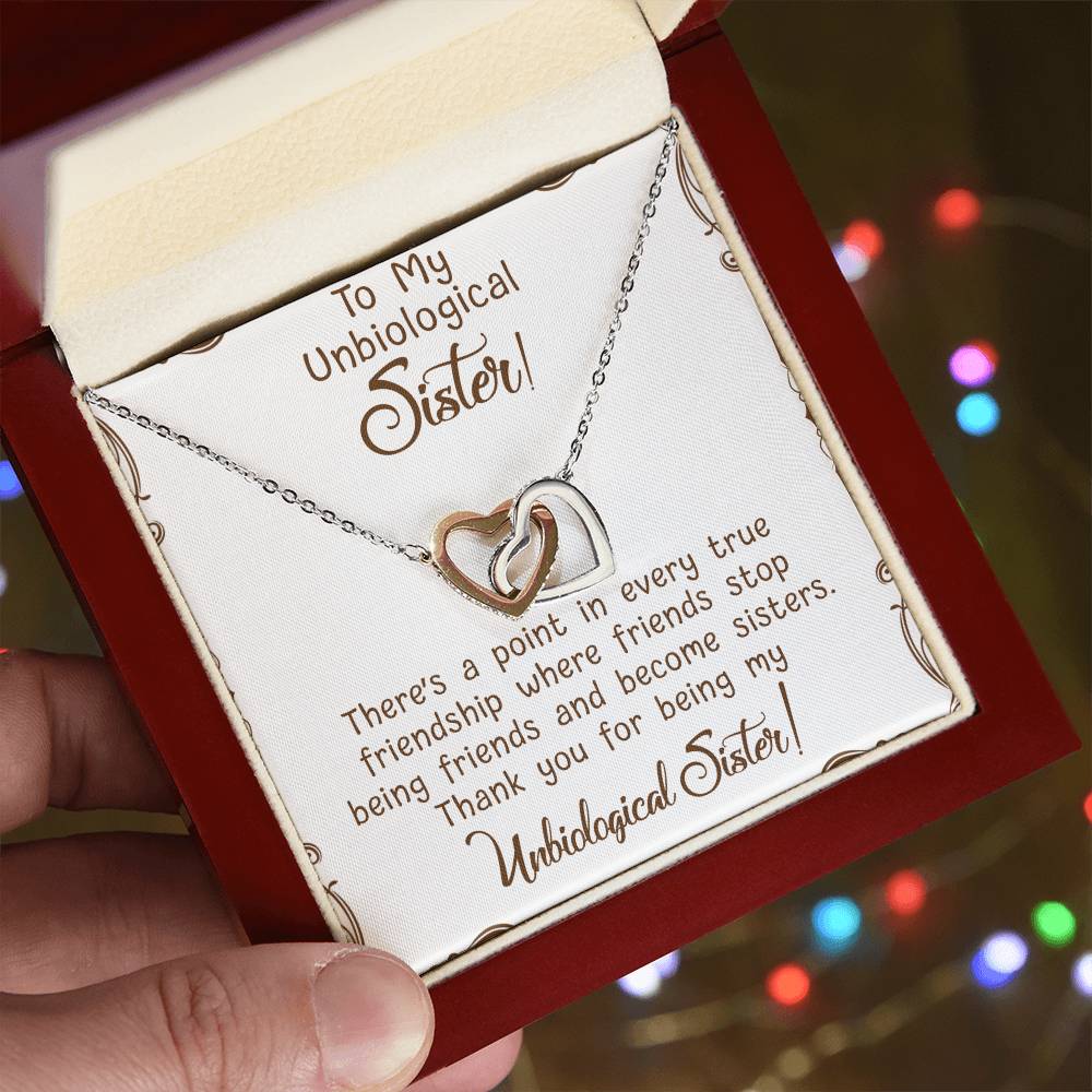 To My Unbiological Sister Interlocking Hearts Necklace Message Card
