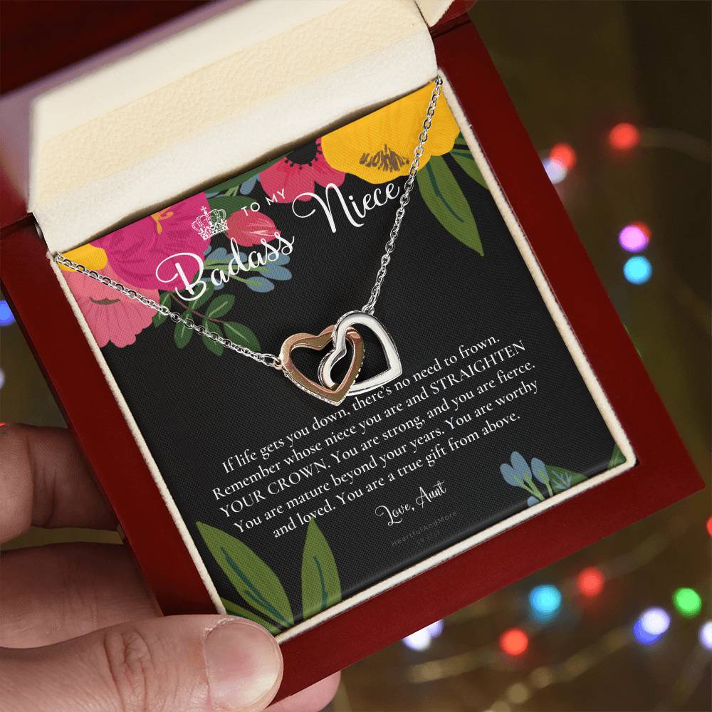 To My Badass Niece Straighten Your Crown Necklace Aunt Niece Necklace Niece Birthday Gift Niece Graduation Gift Interlocking Hearts Necklace
