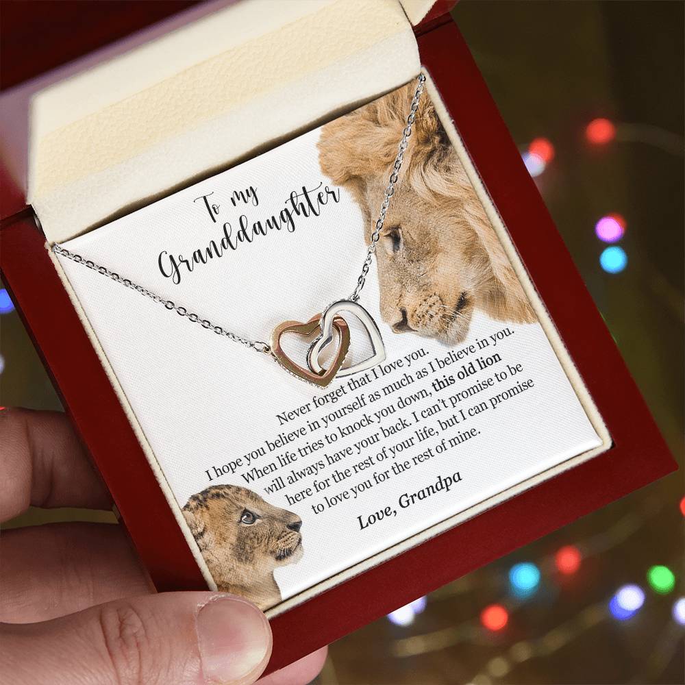 To My Granddaughter - This Old Lion Will Always Have Your Back Interlocking Hearts Necklace
