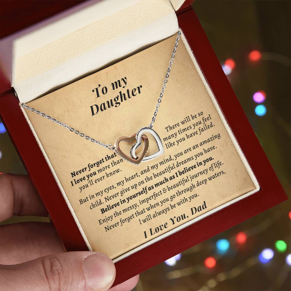 Gift For Daughter From Dad- Never Forget That When You Go Through Deep Watersl Will Always Be With You. Interlocking Hearts Necklace