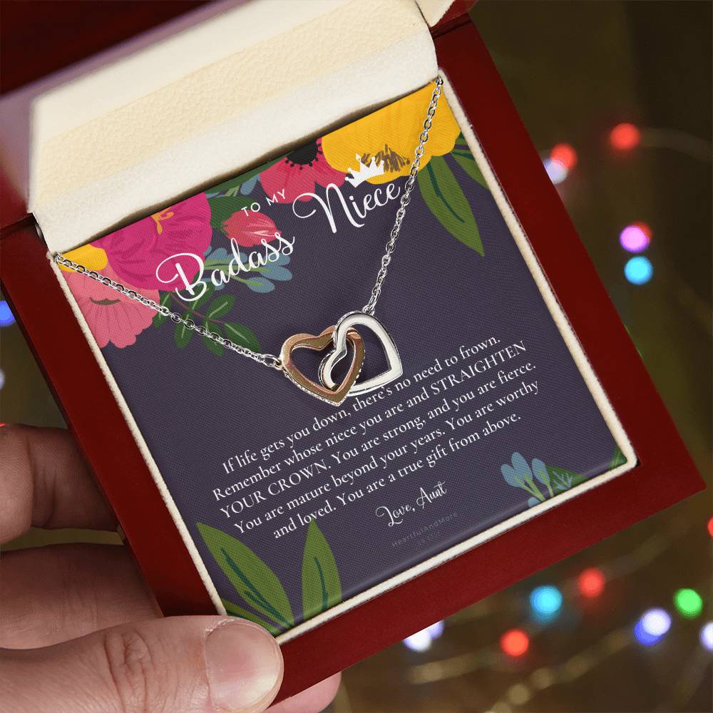 To My Badass Niece Straighten Your Crown Necklace Aunt Niece Necklace Niece Birthday Gift Niece Graduation Gift Interlocking Hearts Necklace