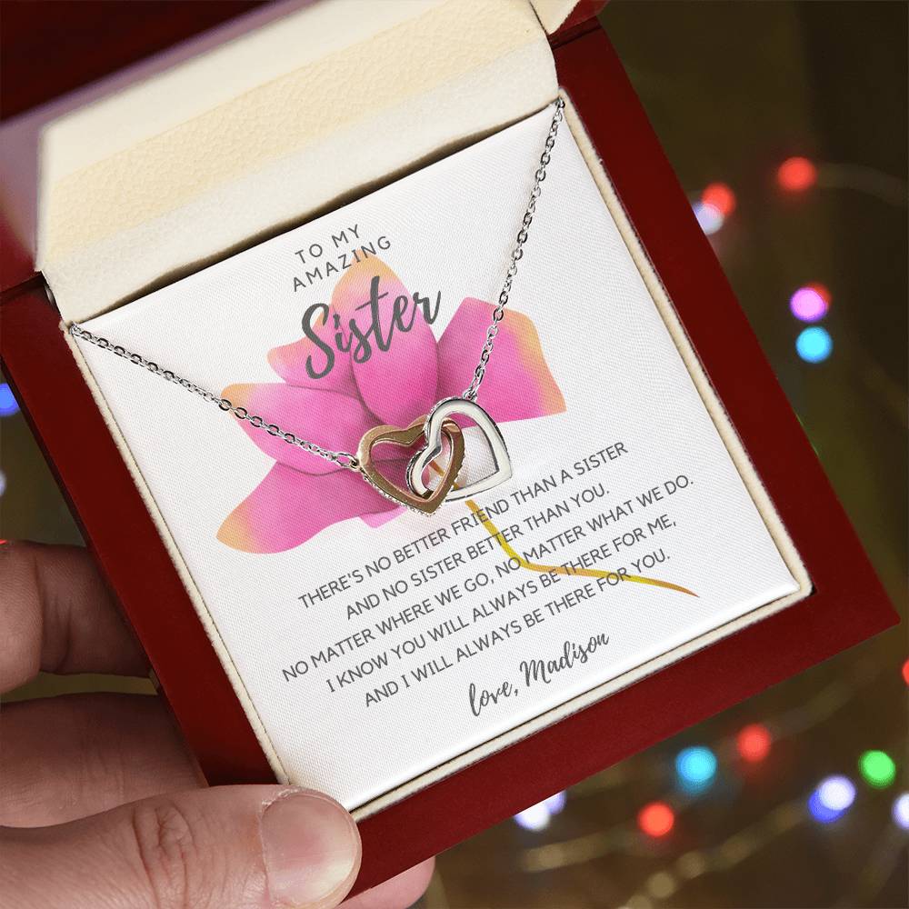 To My Amazing Sister - Pink Rose Interlocking Hearts Necklace