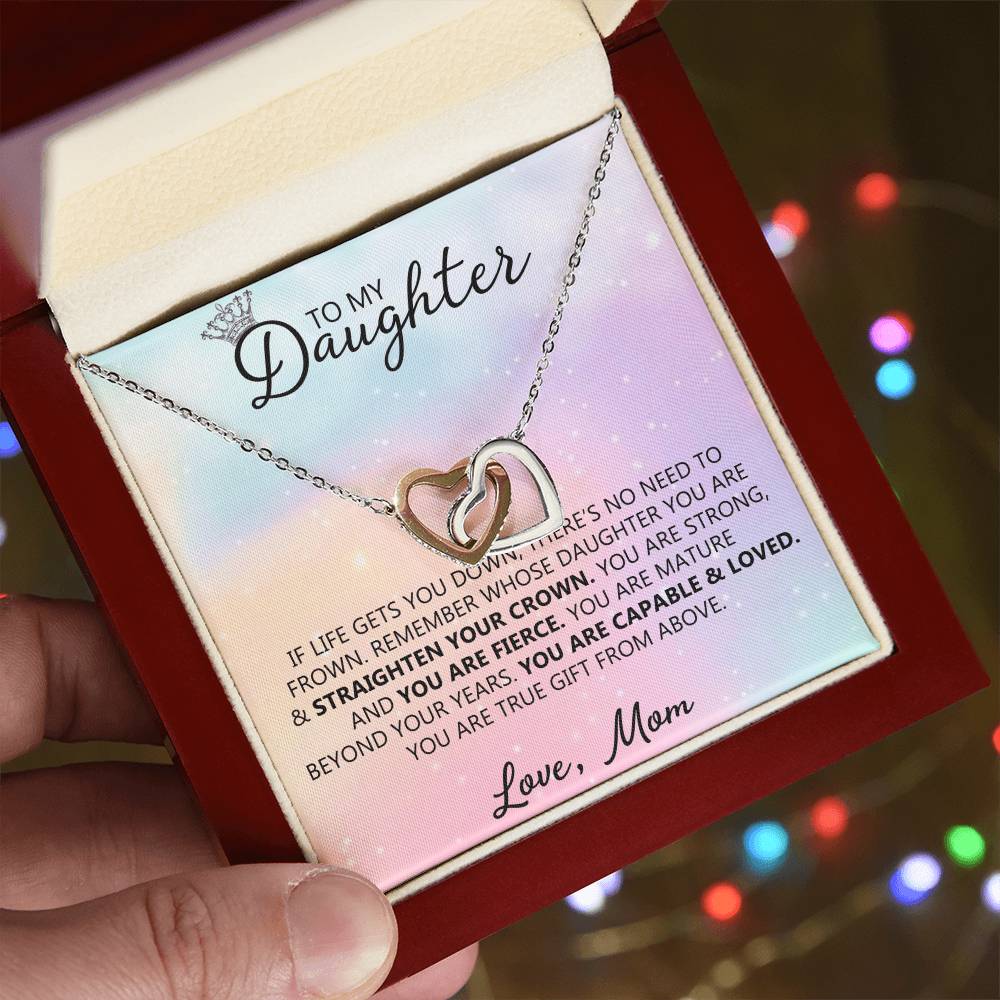 To My Daughter - Straighten Your Crown - Unique Heart Binding Necklace Gift Set Interlocking Hearts Necklace