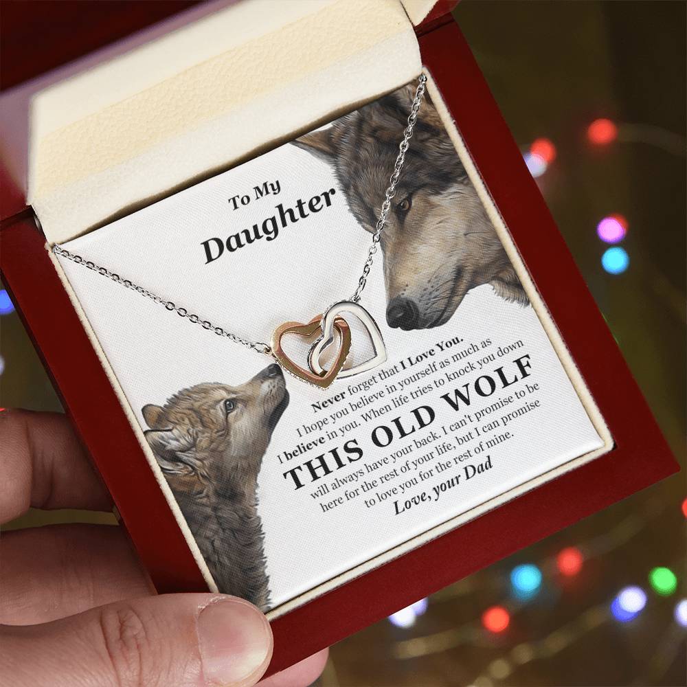My Daughter This Old Wolf Will Always Have Your Back Interlocking Hearts Necklace