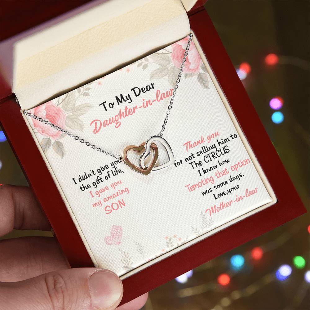 To My Dear Daughter In Law Thank You For Not Selling My Son Love From Mother In Law Love Forever Neckless Interlocking Hearts Necklace