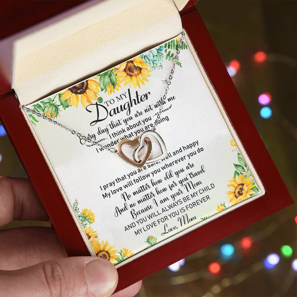 To My Daughter Sunflower Interlocking Hearts Necklace Birthday Message Card