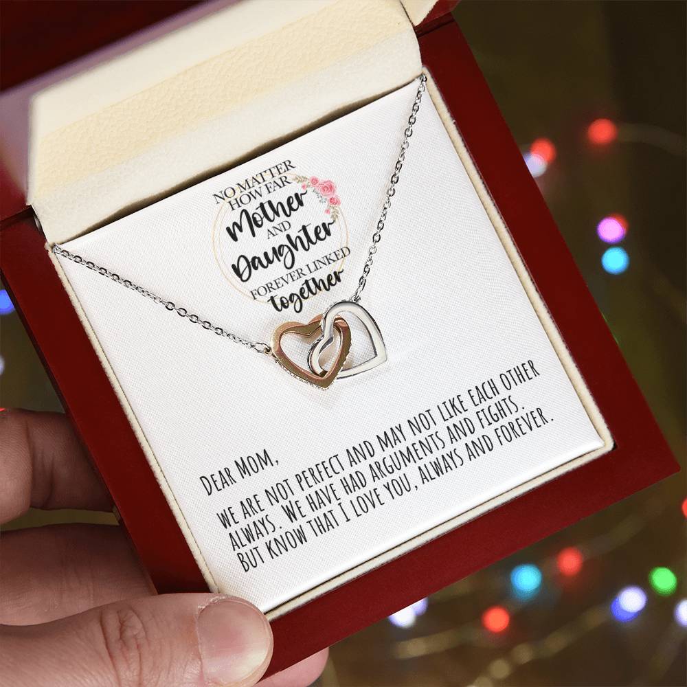 No Matter How Far Mother And Daughter Forever Linked Together Interlocking Hearts Necklace