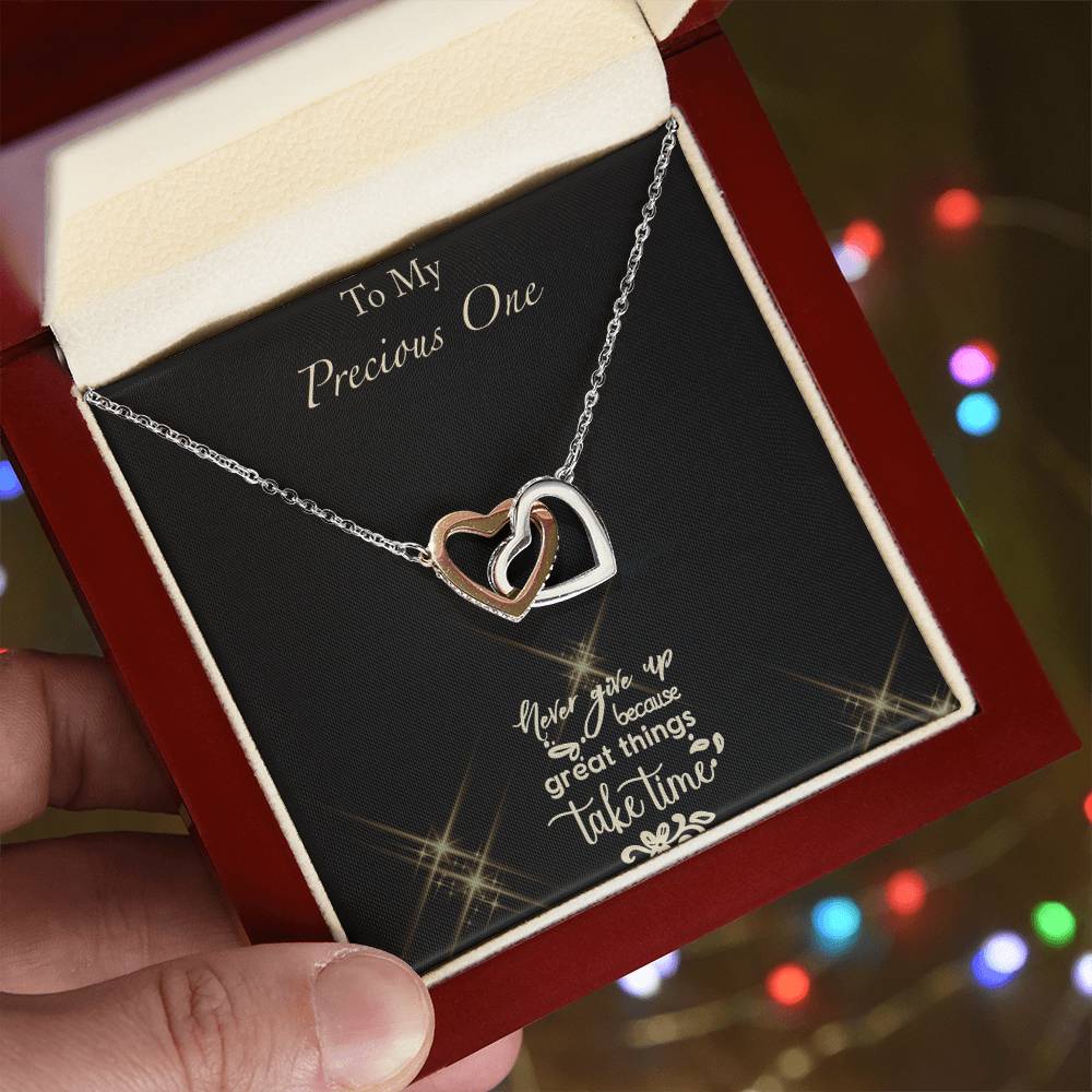 Never Give Up - Black Background Interlocking Hearts Necklace