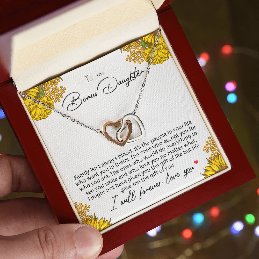 To My Bonus Daughter Family Isn'T Always Blood Interlocking Hearts Necklace