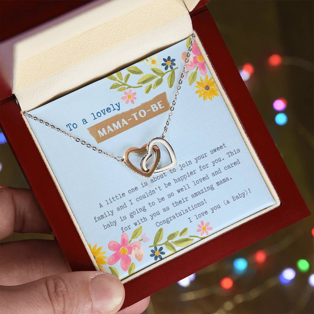 Mama To Be Interlocking Hearts Necklace Blue Floral Baby Shower