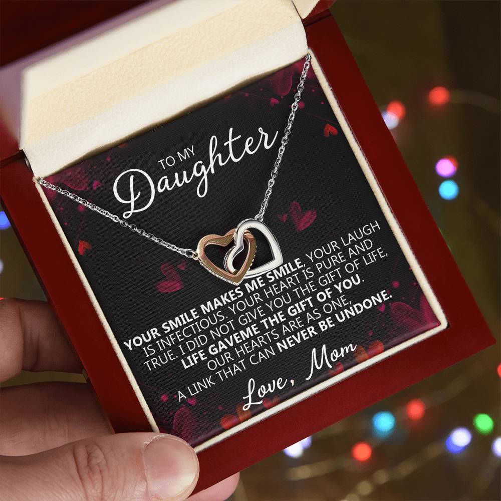 To My Daughter - You Make Me Smile - Unique Heart Bonding Necklace Gift Set Interlocking Hearts Necklace