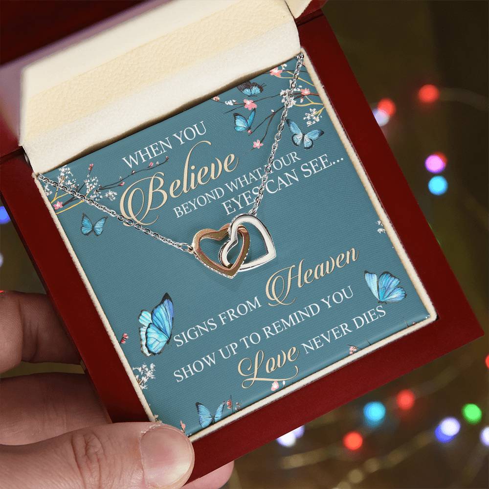 When You Believe Beyond What Your Eyes Interlocking Hearts Necklace Message Card
