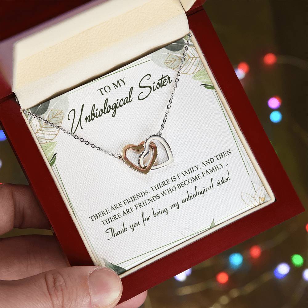 To My Unbiological Sister Interlocking Hearts Necklace Message Card