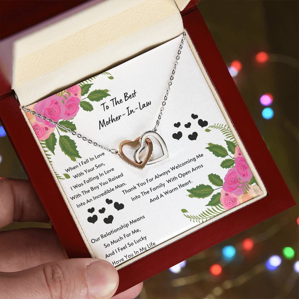 Mother In Law- I Feel So Lucky To Have You. Interlocking Hearts Necklace