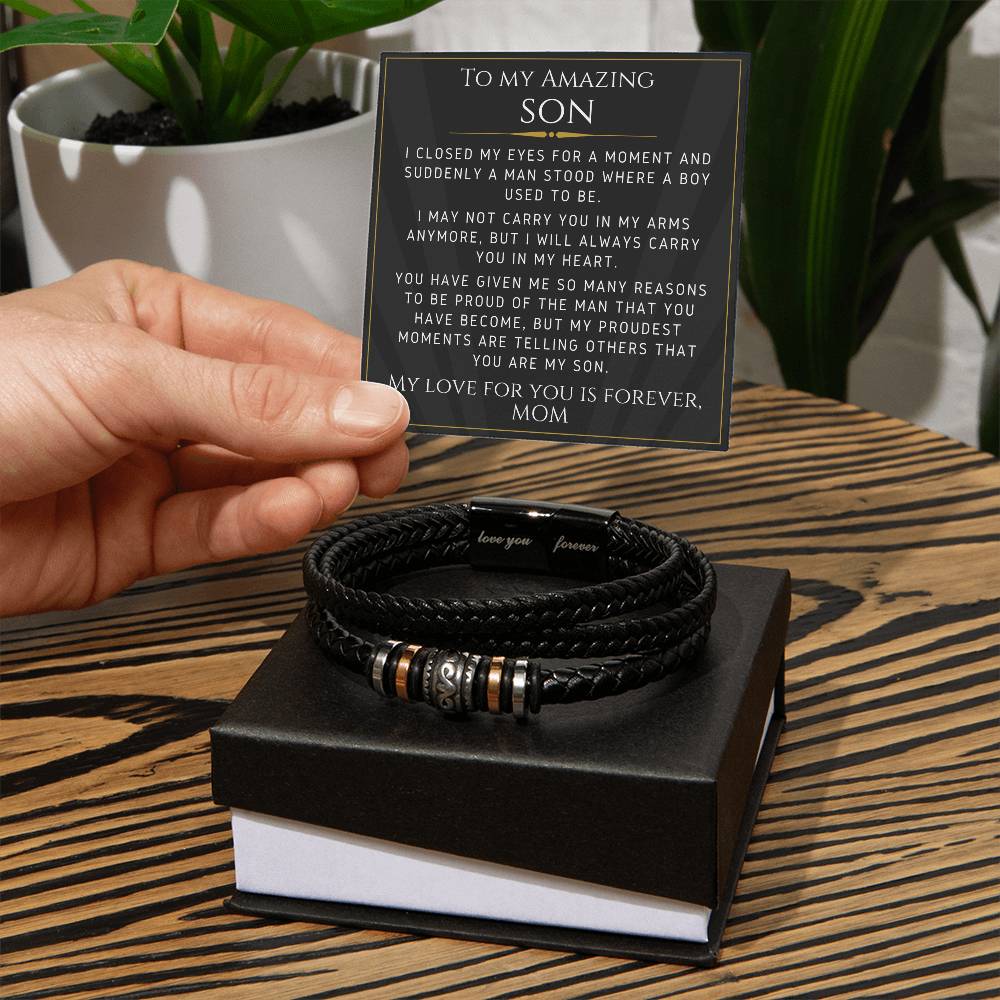 Leather Bracelet For Your Son From Mom-  Gift For Birthday, Christmas, Graduation, Confirmation, Father's Day - Love You Forever Bracelet