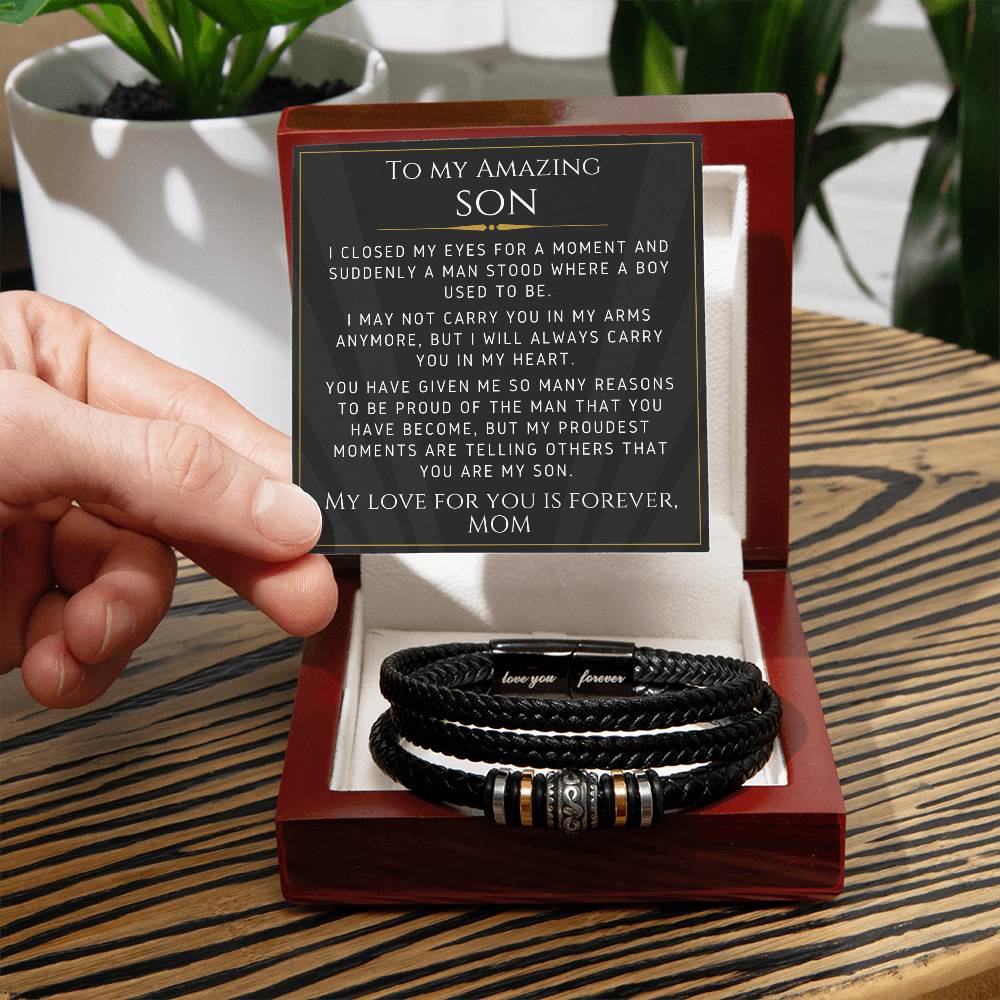 Leather Bracelet For Your Son From Mom-  Gift For Birthday, Christmas, Graduation, Confirmation, Father's Day - Love You Forever Bracelet