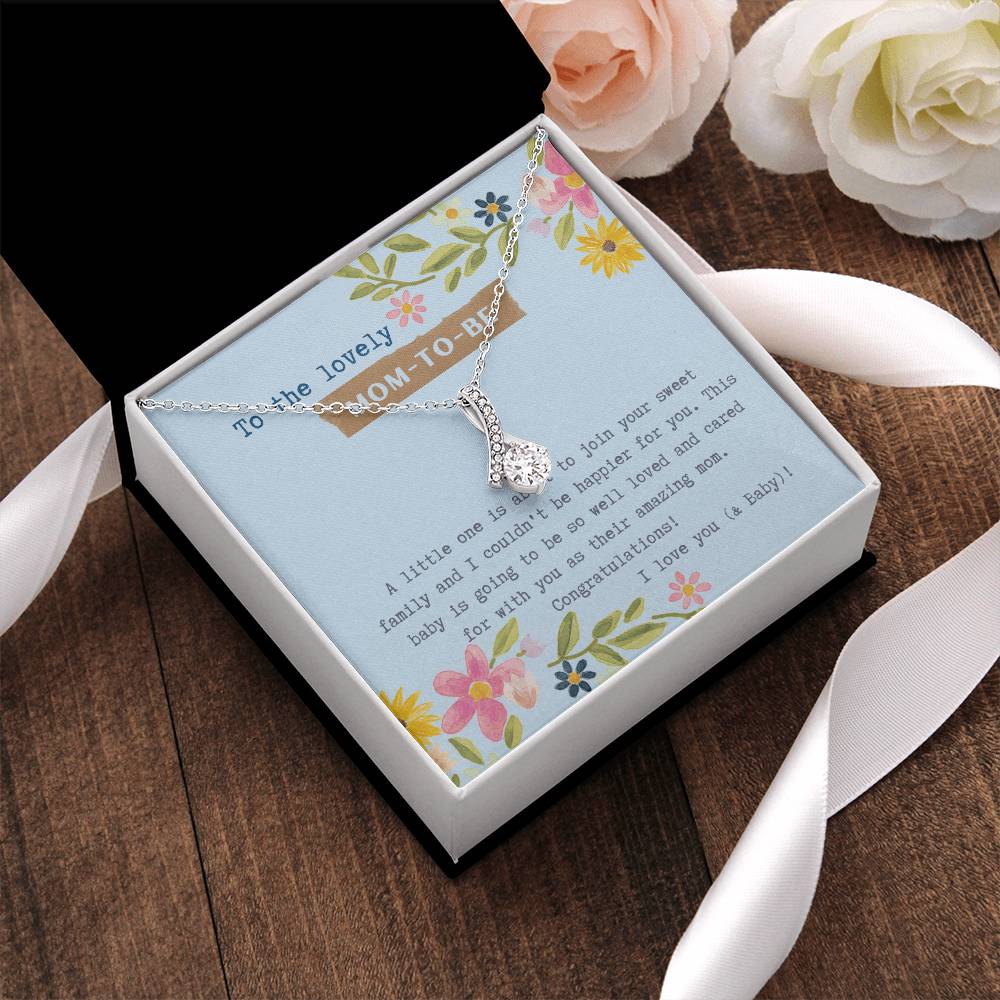 Mom To Be Ribbon Drop Necklace  Blue Floral Baby Shower Alluring Beauty Necklace