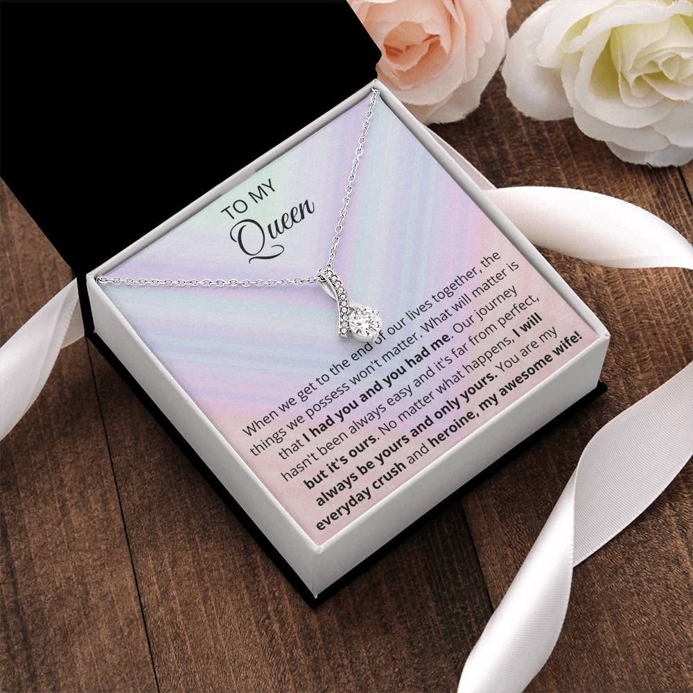 Ribbon Pendant 14K White Gold Plated Necklace - To My Queen Alluring Beauty Necklace