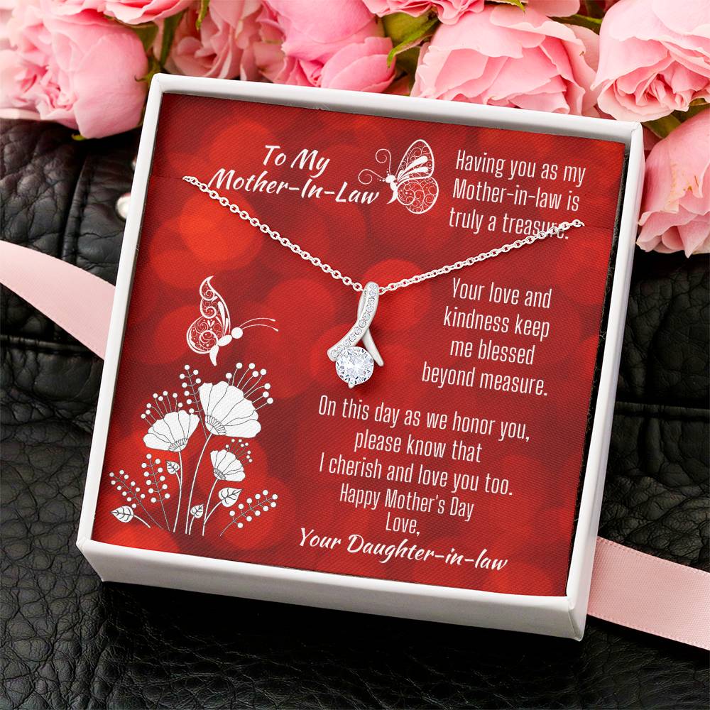 Ribbon Shaped Necklace And Mother's Day Message Card With Butterflies To Mother-In-Law Alluring Beauty Necklace