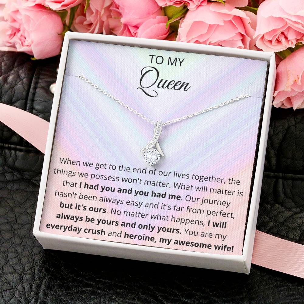 Ribbon Pendant 14K White Gold Plated Necklace - To My Queen Alluring Beauty Necklace